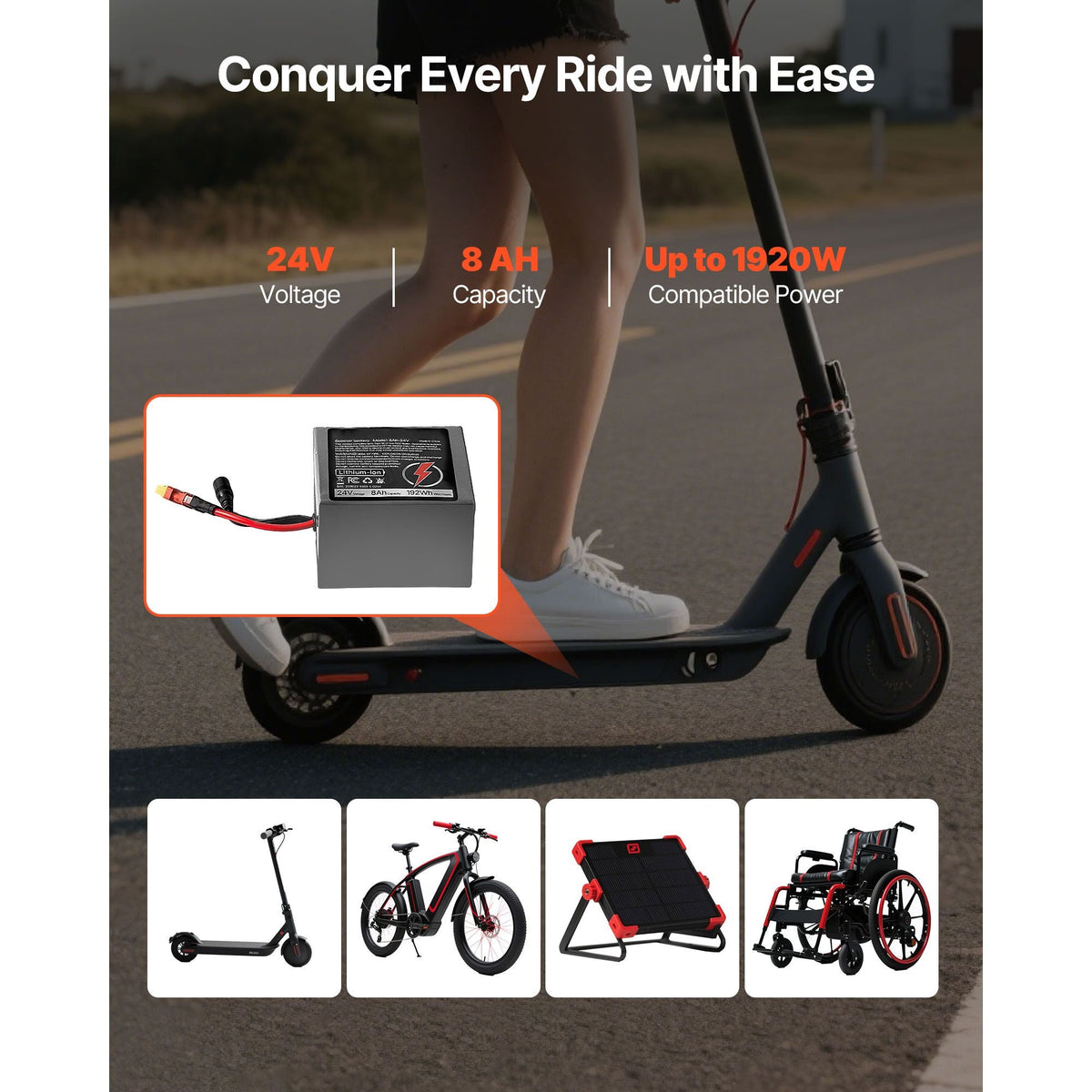 24V Electric Scooter Battery, 8Ah, Ebike Lithium Battery Pack with 30A BMS, Charger, T-Plug Expansion Cable, 500+ Cycles, Compatible with 1920W Motors, for Electric Bikes Bicycles, Scooters