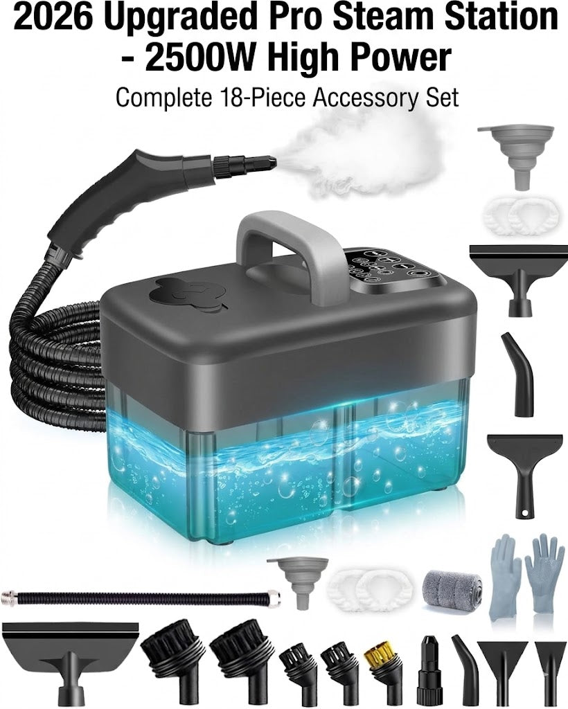 2500W Handheld Steam Cleaner with 18pcs Accessories & 1.6L Tank, 2026 Upgraded 6-Level Adjustable High Temp Steamer for Home, Car, Windows, Grout, Upholstery - Black Edition