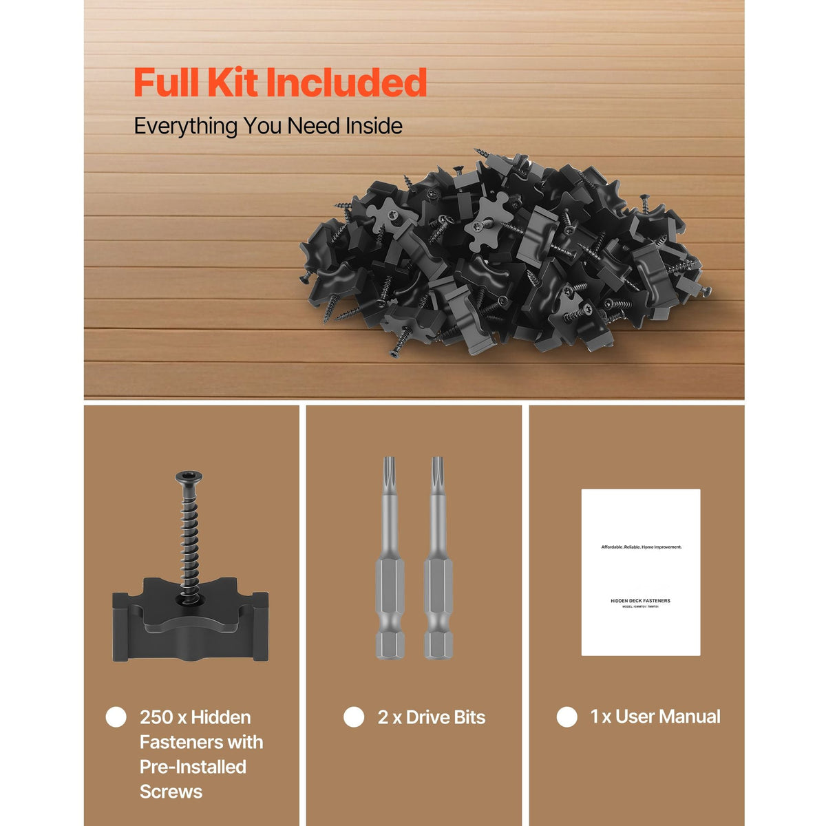 250PCS Hidden Deck Fasteners for Composite Decking Board, Universal Composite T Clips & Plastic Hidden Fasteners with Metal Screws,Polypropylene PP Clips Works with 0.26 inch Gaps, Black