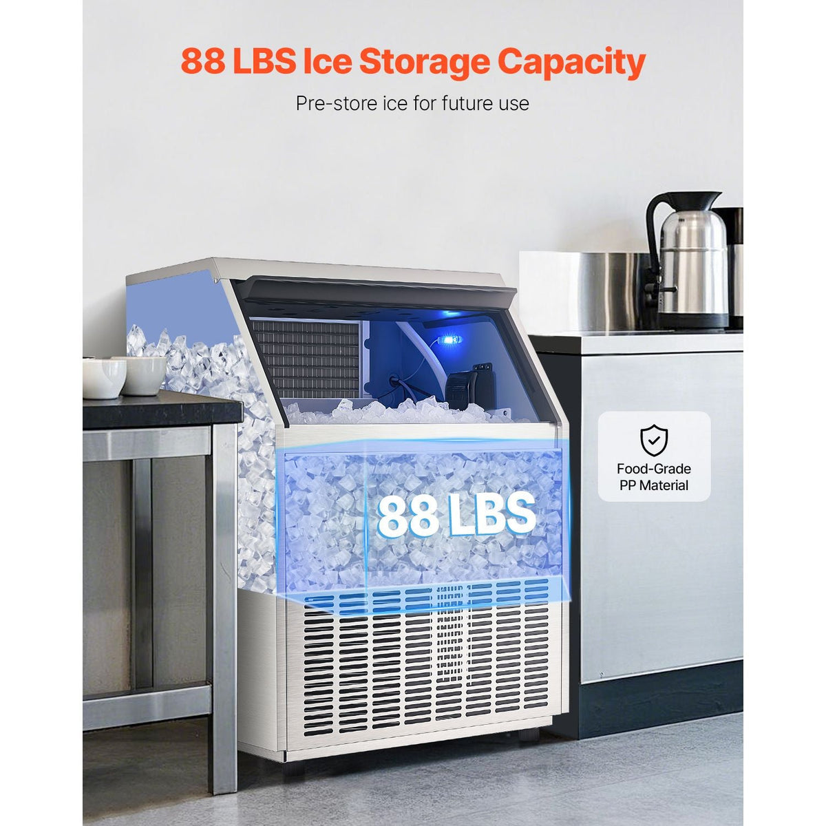 265lbs/24H Commercial Ice Maker Machine, 88lbs Storage Capacity Ice Maker with Drain Pump, 126 Ice Cubes in 15 Minutes, LED Digital Display Freestanding Self-Cleaning for Bar Office Restaurant