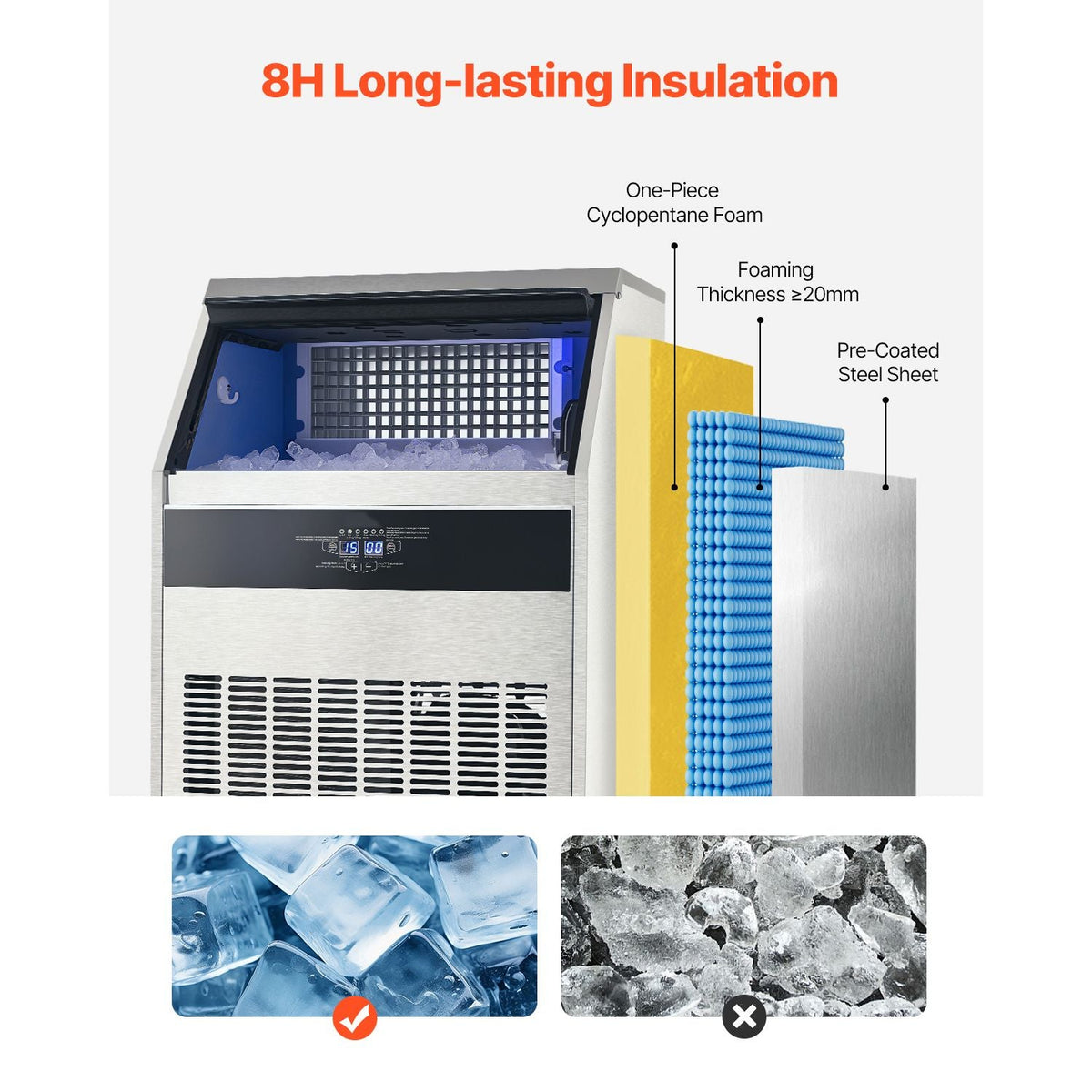 265lbs/24H Commercial Ice Maker Machine, 88lbs Storage Capacity Ice Maker with Drain Pump, 126 Ice Cubes in 15 Minutes, LED Digital Display Freestanding Self-Cleaning for Bar Office Restaurant