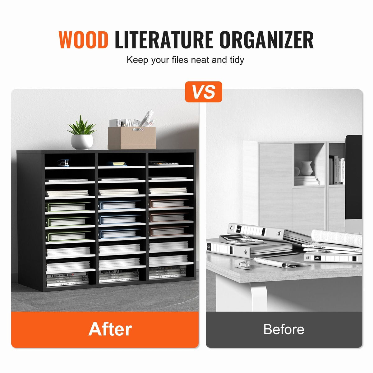27 Compartments Wood Literature Organizer, Adjustable Shelves, Medium Density Fiberboard Mail Center, Office Home School Storage for Files, Documents, Papers, Magazines, Black+White