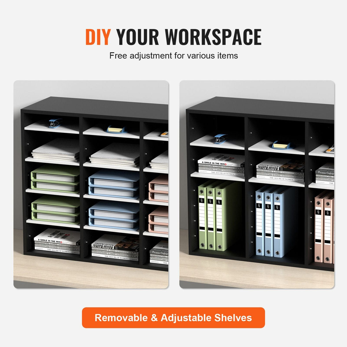 27 Compartments Wood Literature Organizer, Adjustable Shelves, Medium Density Fiberboard Mail Center, Office Home School Storage for Files, Documents, Papers, Magazines, Black+White