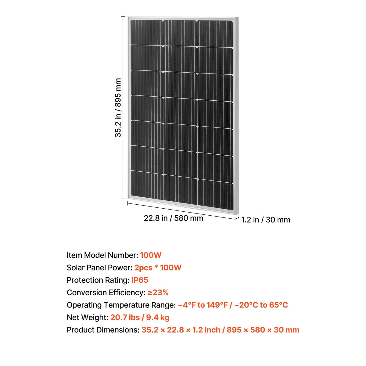 2PCS 100W Monocrystalline Solar Panels, 23% High-Efficiency Mono PV Module with Stable MC4 Output & Aluminum Frame, IP65 Waterproof Solar Panel for Car Boat RV Flat Rooftop Off-Grid Applications