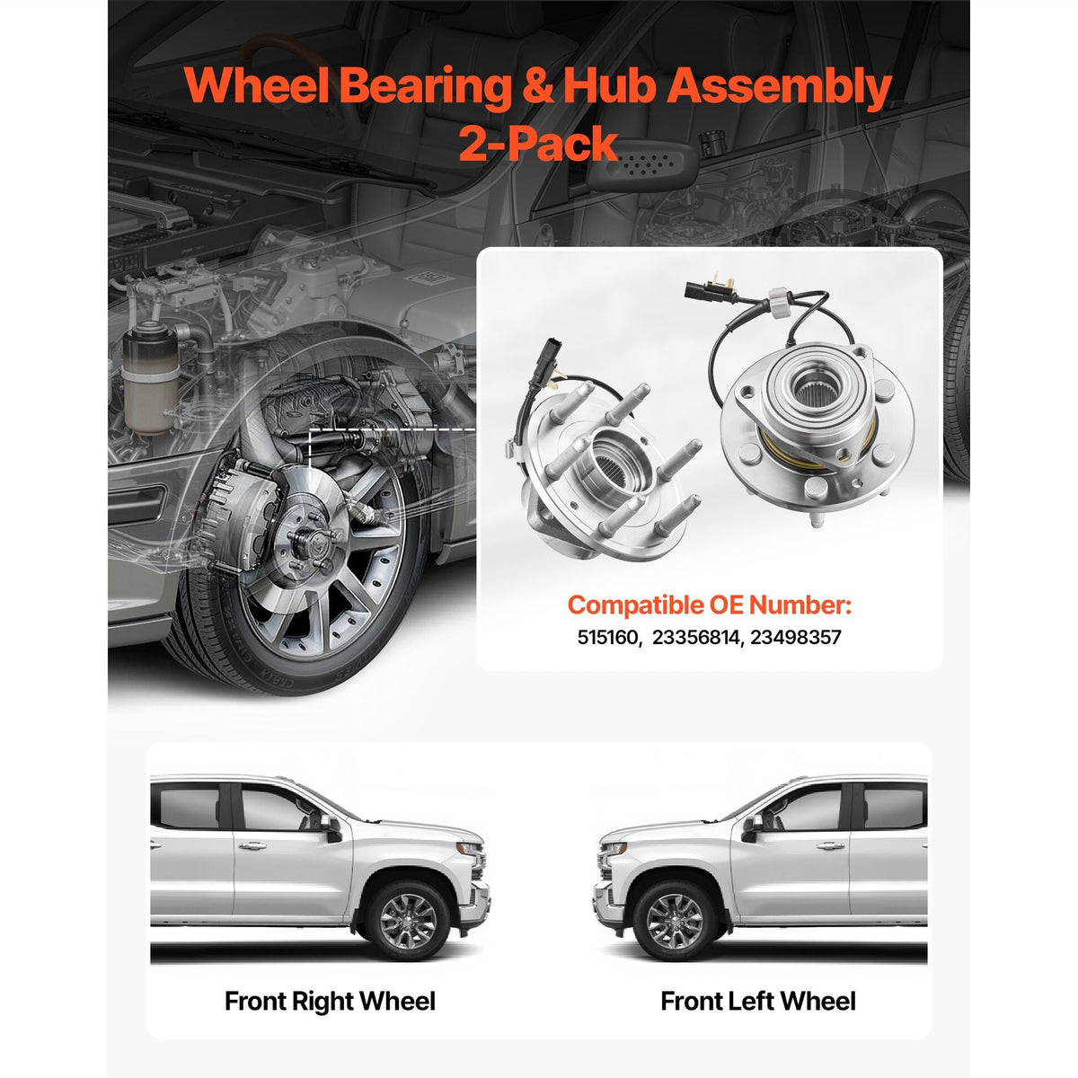 2PCS Front Wheel Bearing & Hub Assembly Fit for 2020 Cadillac Escalade Base Platinum Premium Luxury Sport Utility Chevy Suburban LS LT OEM 515160, Wheel Bearing Hub Assembly Set with ABS Sensor
