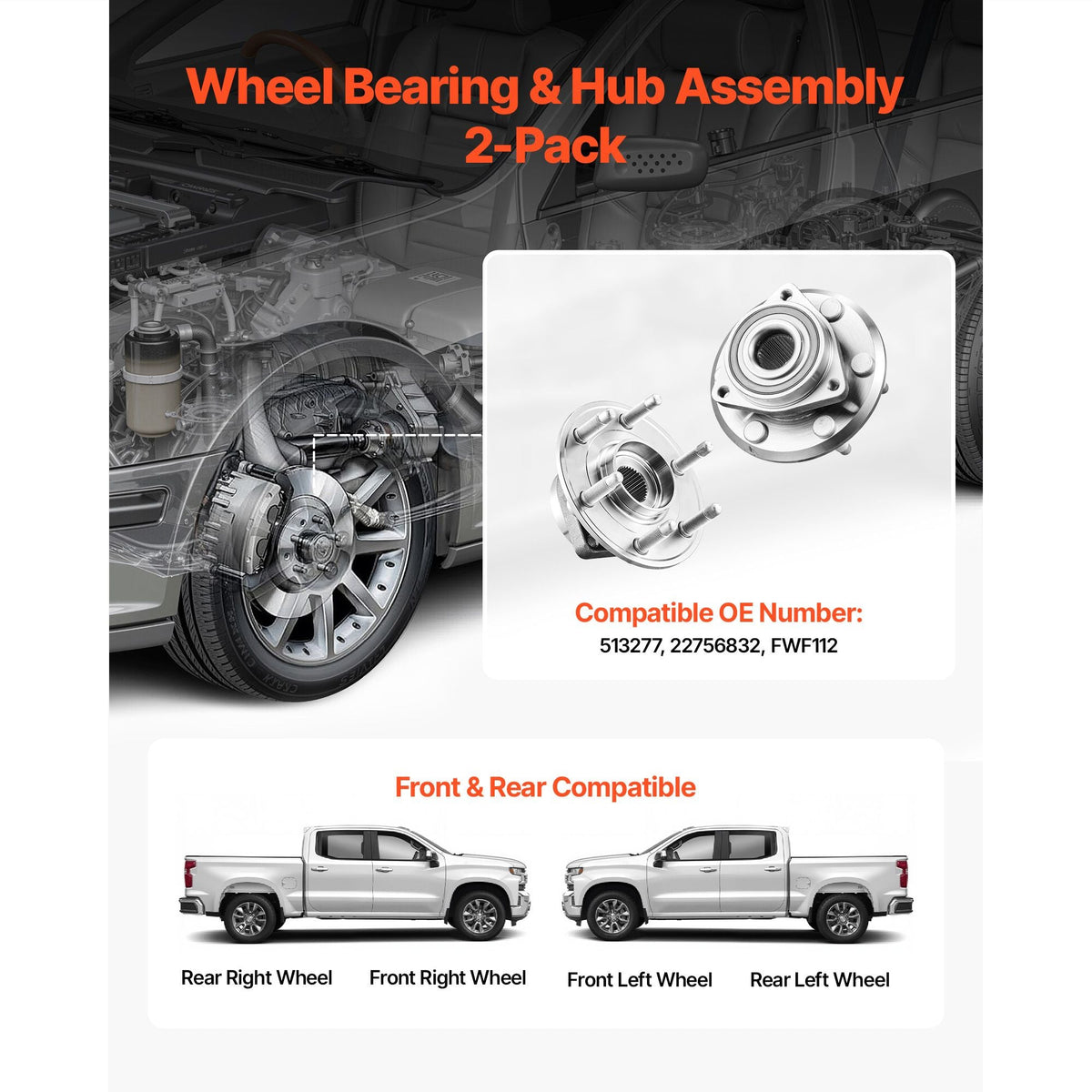 2PCS Front/Rear Wheel Bearing & Hub Assembly Fit for 2016-2017 Buick Enclave Convenience Leather Premium Sport Utility Chevy Traverse LS GMC Acadia OEM 513277, Wheel Bearing Hub Assembly Set