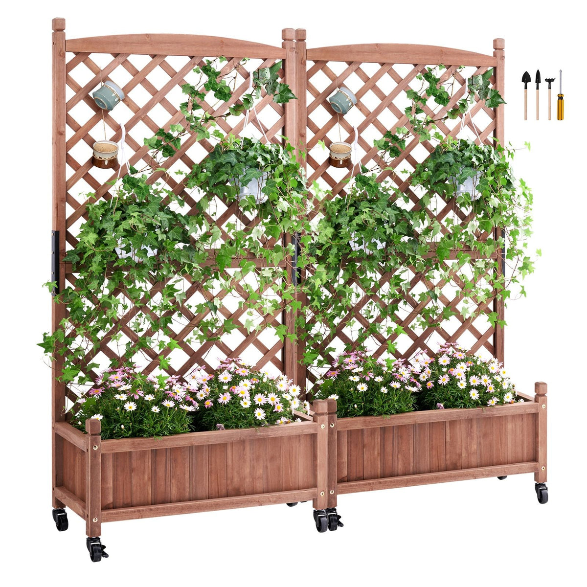 2PCS Raised Garden Bed with Trellis, 60"x13"x61.4" Outdoor Raised Wood Planters with Drainage Holes, Free-Standing Trellis Planter Box for Vine Climbing Plants Flowers in Garden, Patio, Balcony
