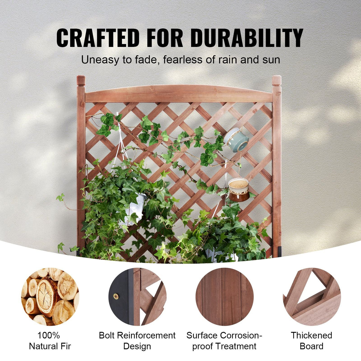 2PCS Raised Garden Bed with Trellis, 60"x13"x61.4" Outdoor Raised Wood Planters with Drainage Holes, Free-Standing Trellis Planter Box for Vine Climbing Plants Flowers in Garden, Patio, Balcony