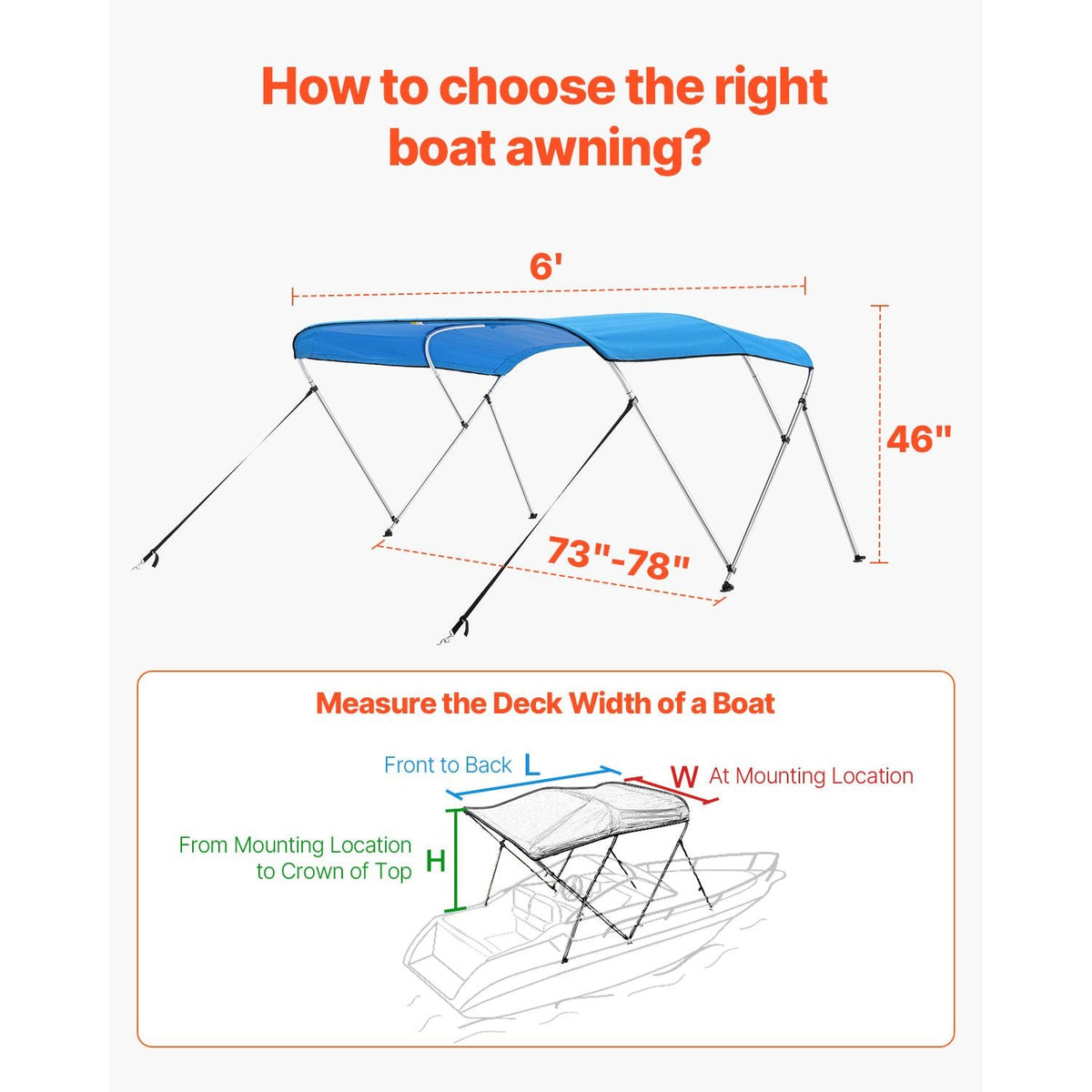 3 Bow Boat Bimini Top, 600D Polyester Canopy with Aluminum Alloy Frame, Waterproof & Sun Shade Boat Awning Canopy with Storage Bag, 2 Support Poles, 4 Straps, 72"Lx(73"-78")Wx46"H, Pacific Blue