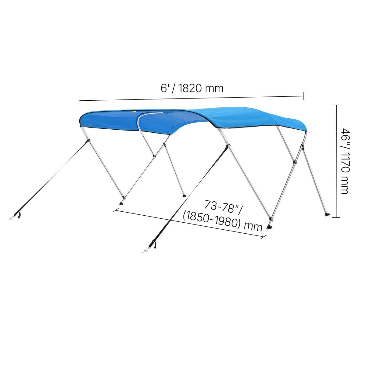 3 Bow Boat Bimini Top, 600D Polyester Canopy with Aluminum Alloy Frame, Waterproof & Sun Shade Boat Awning Canopy with Storage Bag, 2 Support Poles, 4 Straps, 72"Lx(73"-78")Wx46"H, Pacific Blue