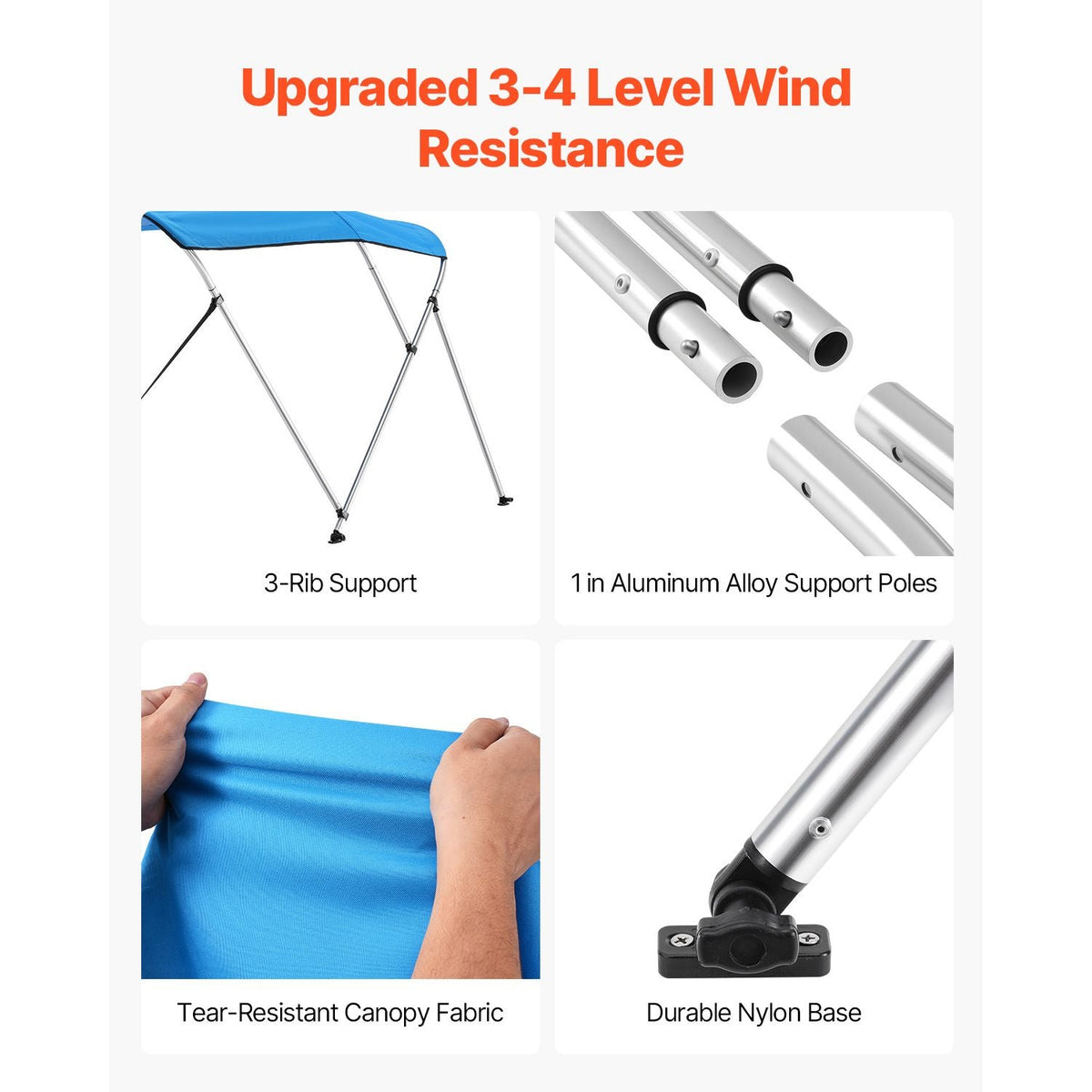3 Bow Boat Bimini Top, 600D Polyester Canopy with Aluminum Alloy Frame, Waterproof & Sun Shade Boat Awning Canopy with Storage Bag, 2 Support Poles, 4 Straps, 72"Lx(73"-78")Wx46"H, Pacific Blue