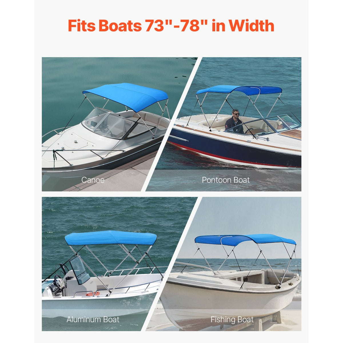 3 Bow Boat Bimini Top, 600D Polyester Canopy with Aluminum Alloy Frame, Waterproof & Sun Shade Boat Awning Canopy with Storage Bag, 2 Support Poles, 4 Straps, 72"Lx(73"-78")Wx46"H, Pacific Blue
