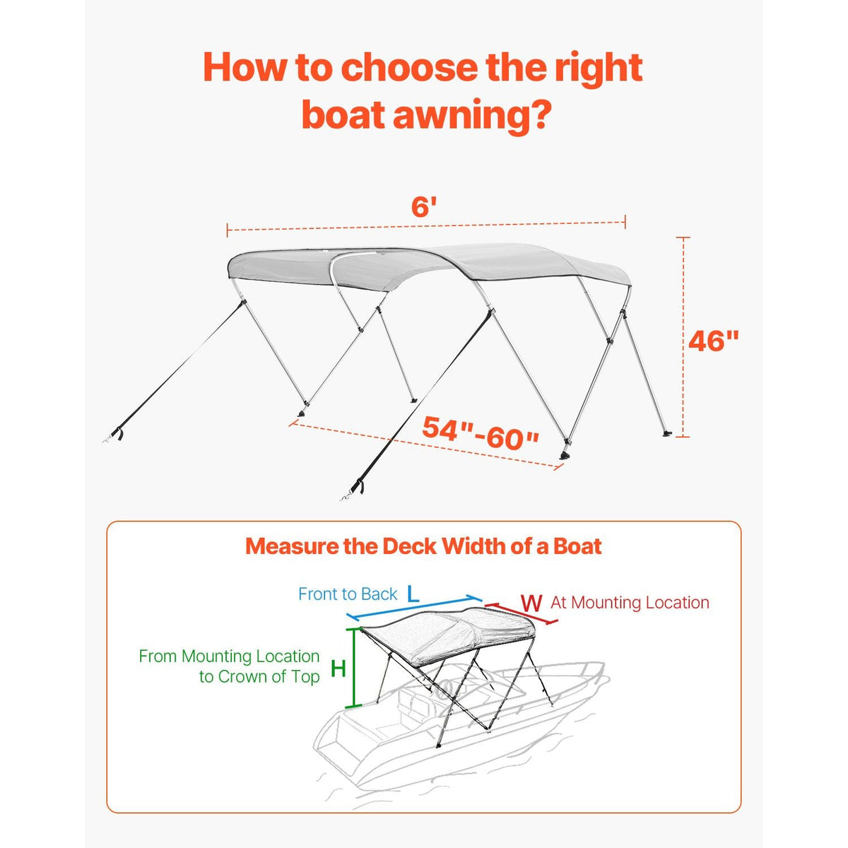 3 Bow Boat Bimini Tops, 600D Polyester Canopy with Aluminum Alloy Frame, Waterproof & Sun Shade Boat Awning Canopy with Storage Bag, 2 Support Poles, 4 Straps, 6'Lx(54"-60")Wx46"H, Light Grey