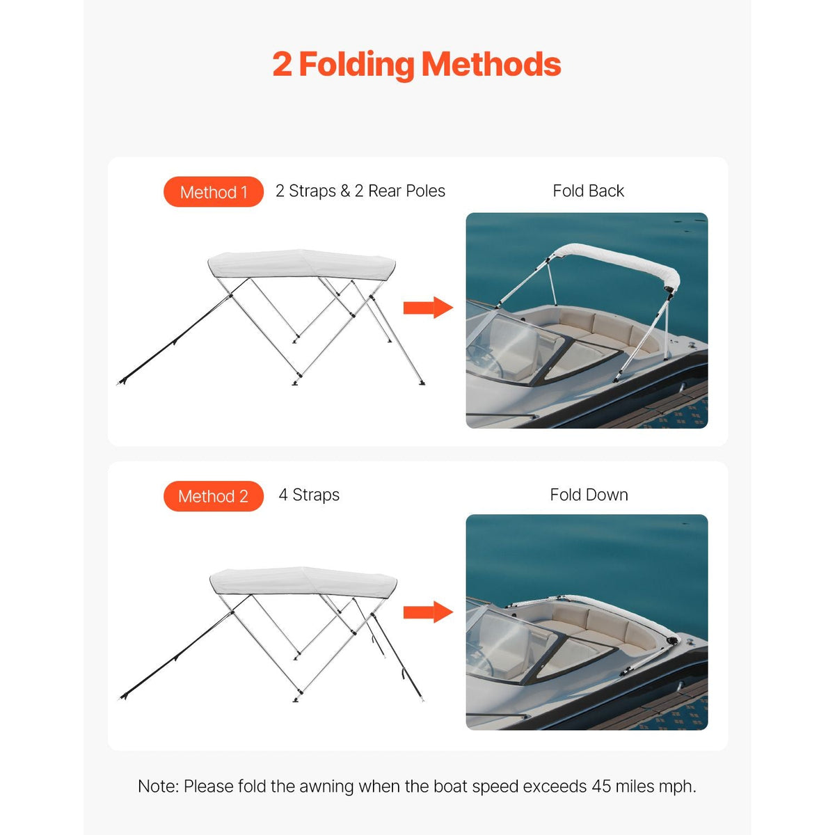 3 Bow Boat Bimini Tops, 600D Polyester Canopy with Aluminum Alloy Frame, Waterproof & Sun Shade Boat Awning Canopy with Storage Bag, 2 Support Poles, 4 Straps, 6'Lx(54"-60")Wx46"H, Light Grey