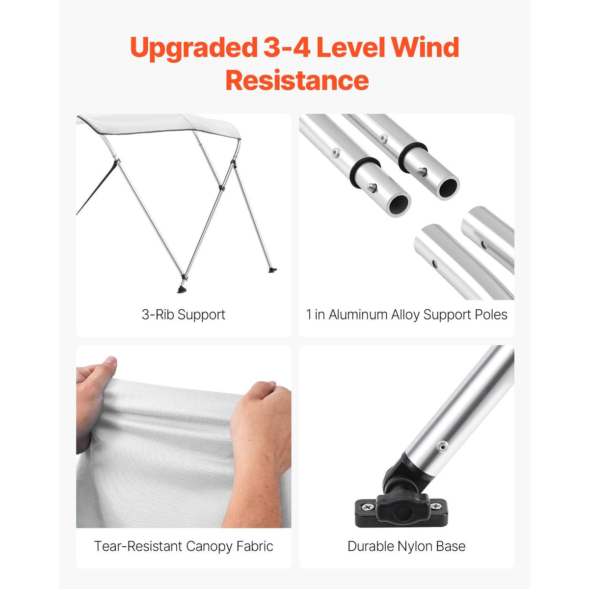 3 Bow Boat Bimini Tops, 600D Polyester Canopy with Aluminum Alloy Frame, Waterproof & Sun Shade Boat Awning Canopy with Storage Bag, 2 Support Poles, 4 Straps, 6'Lx(67"-72")Wx46"H, Light Grey