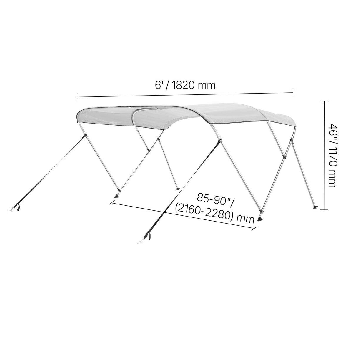 3 Bow Boat Bimini Tops, 600D Polyester Canopy with Aluminum Alloy Frame, Waterproof & Sun Shade Boat Awning Canopy with Storage Bag, 2 Support Poles, 4 Straps, 72"Lx(85"-90")Wx46"H, Light Grey