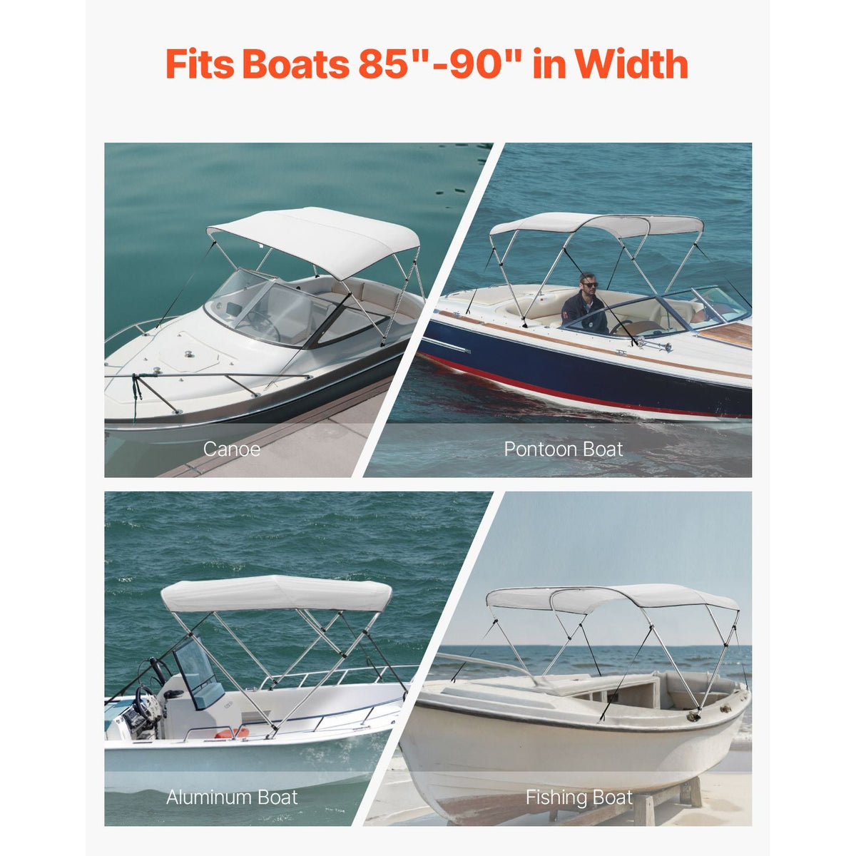 3 Bow Boat Bimini Tops, 600D Polyester Canopy with Aluminum Alloy Frame, Waterproof & Sun Shade Boat Awning Canopy with Storage Bag, 2 Support Poles, 4 Straps, 72"Lx(85"-90")Wx46"H, Light Grey