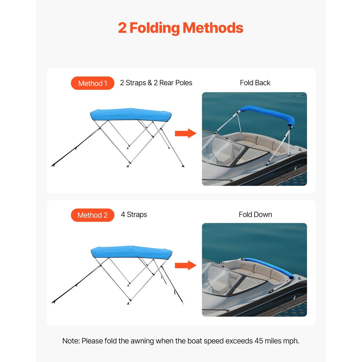3 Bow Boat Bimini Tops, 600D Polyester Canopy with Aluminum Alloy Frame, Waterproof & Sun Shade Boat Awning Canopy with Storage Bag, 2 Support Poles, 4 Straps, 72"Lx(85"-90")Wx46"H, Pacific Blue