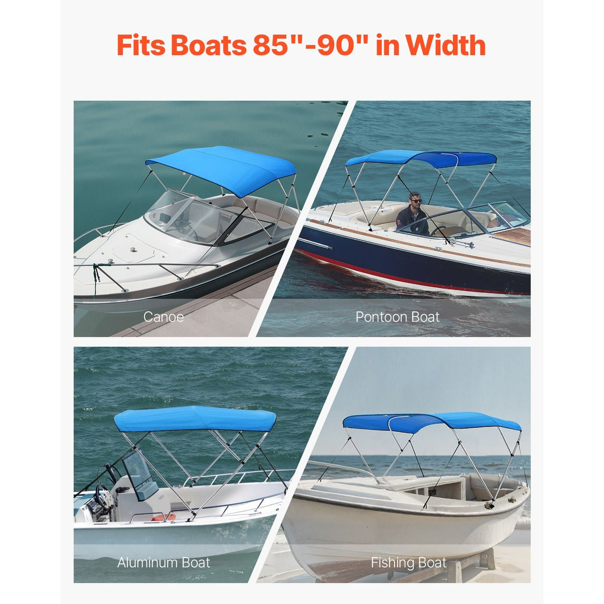3 Bow Boat Bimini Tops, 600D Polyester Canopy with Aluminum Alloy Frame, Waterproof & Sun Shade Boat Awning Canopy with Storage Bag, 2 Support Poles, 4 Straps, 72"Lx(85"-90")Wx46"H, Pacific Blue