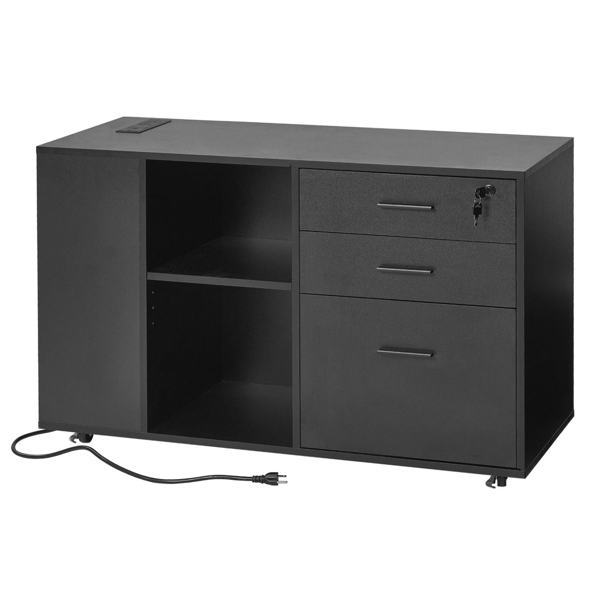 3 Drawer Wooden File Cabinet, Mobile Filing Cabinet with Power Strip, Lockable Rolling File Storage with Adjustable Shelves & 5 Wheels, Floor Standing Printer Stand for Home Office School, Black