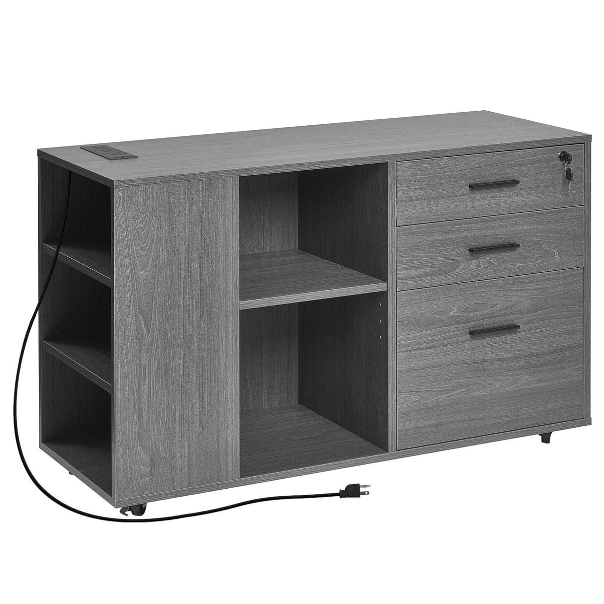 3 Drawer Wooden File Cabinet, Mobile Filing Cabinet with Power Strip, Lockable Rolling File Storage with Adjustable Shelves & 5 Wheels, Floor Standing Printer Stand for Home Office School, Gray
