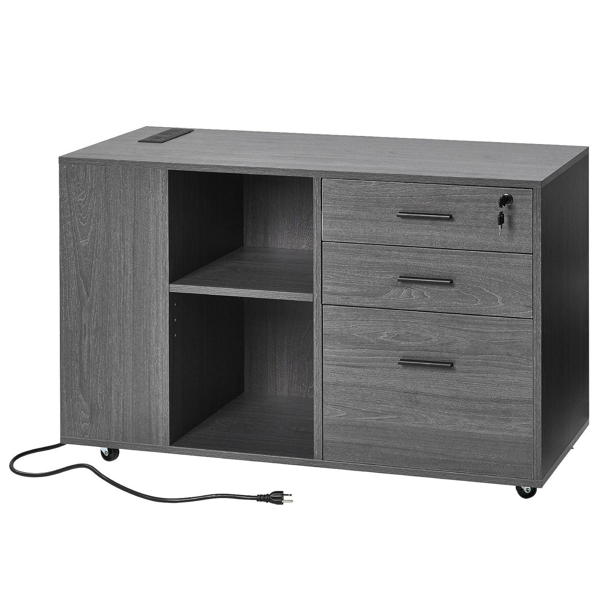 3 Drawer Wooden File Cabinet, Mobile Filing Cabinet with Power Strip, Lockable Rolling File Storage with Adjustable Shelves & 5 Wheels, Floor Standing Printer Stand for Home Office School, Gray