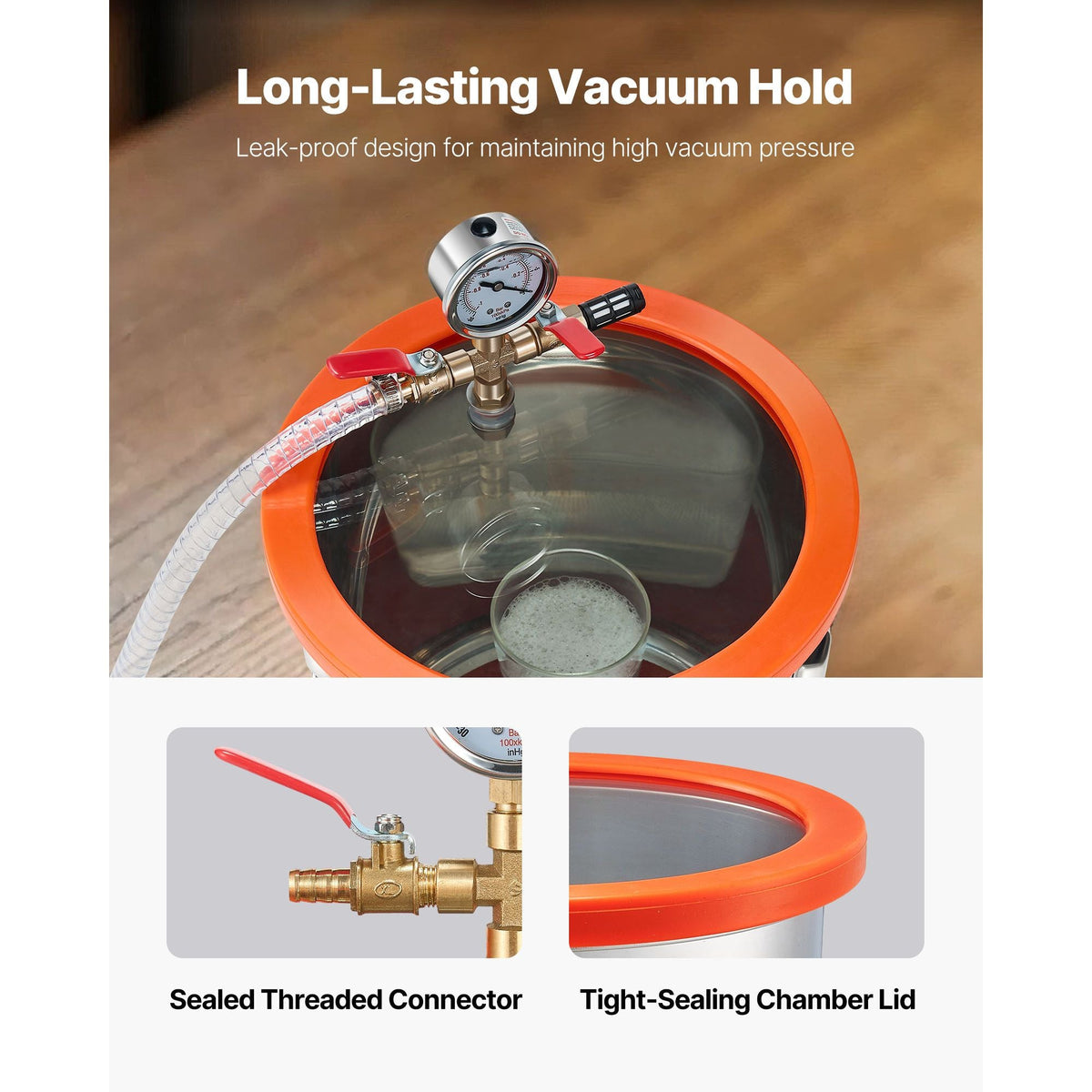 3 Gallon Vacuum Chamber with Pump, 3.5 CFM, Stainless Steel Degassing Chamber Kit, Single Stage Vacuum Pump, Tempered Glass Lid, 4.92 ft Hose, Oil, for Stabilizing Wood Degassing Silicone Resin