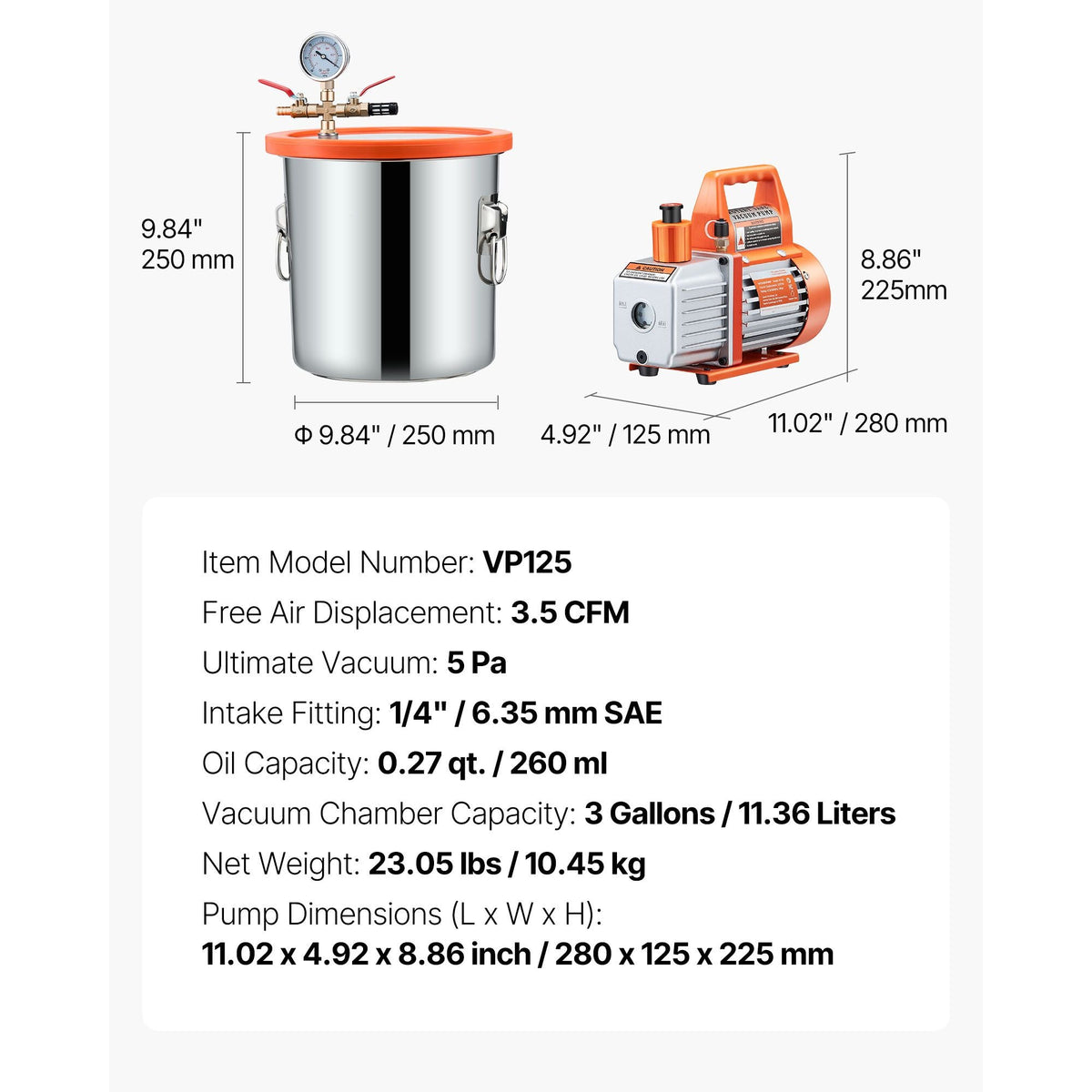 3 Gallon Vacuum Chamber with Pump, 3.5 CFM, Stainless Steel Degassing Chamber Kit, Single Stage Vacuum Pump, Tempered Glass Lid, 4.92 ft Hose, Oil, for Stabilizing Wood Degassing Silicone Resin