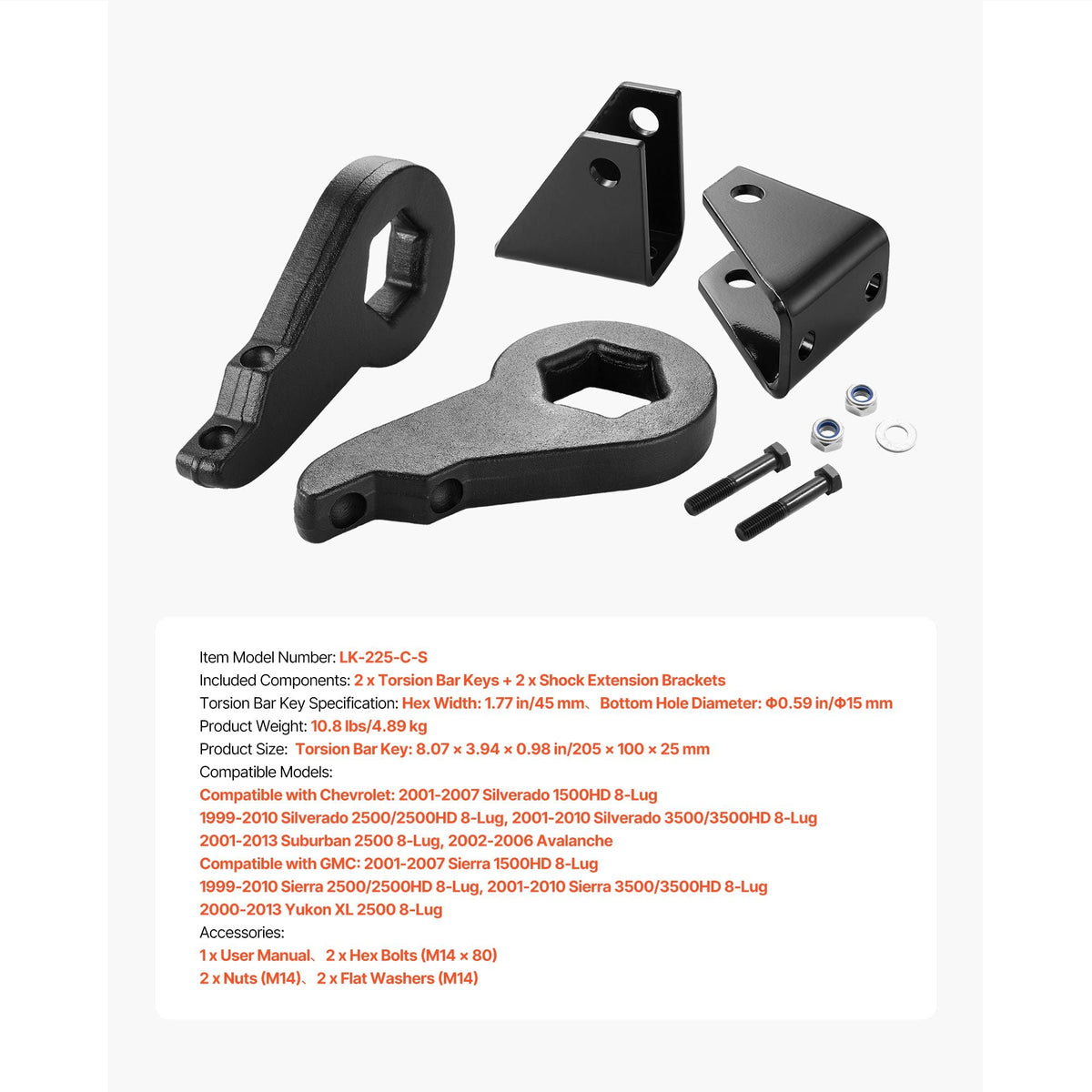 3 Inch Front Leveling Lift Kit for 2001-2010 Chevy Silverado/GMC Sierra 2500HD/3500HD 8-Lug, 01-07 Silverado/Sierra 1500HD, Torsion Bar Keys Suspension Level Kit with 2 Shock Extension Brackets