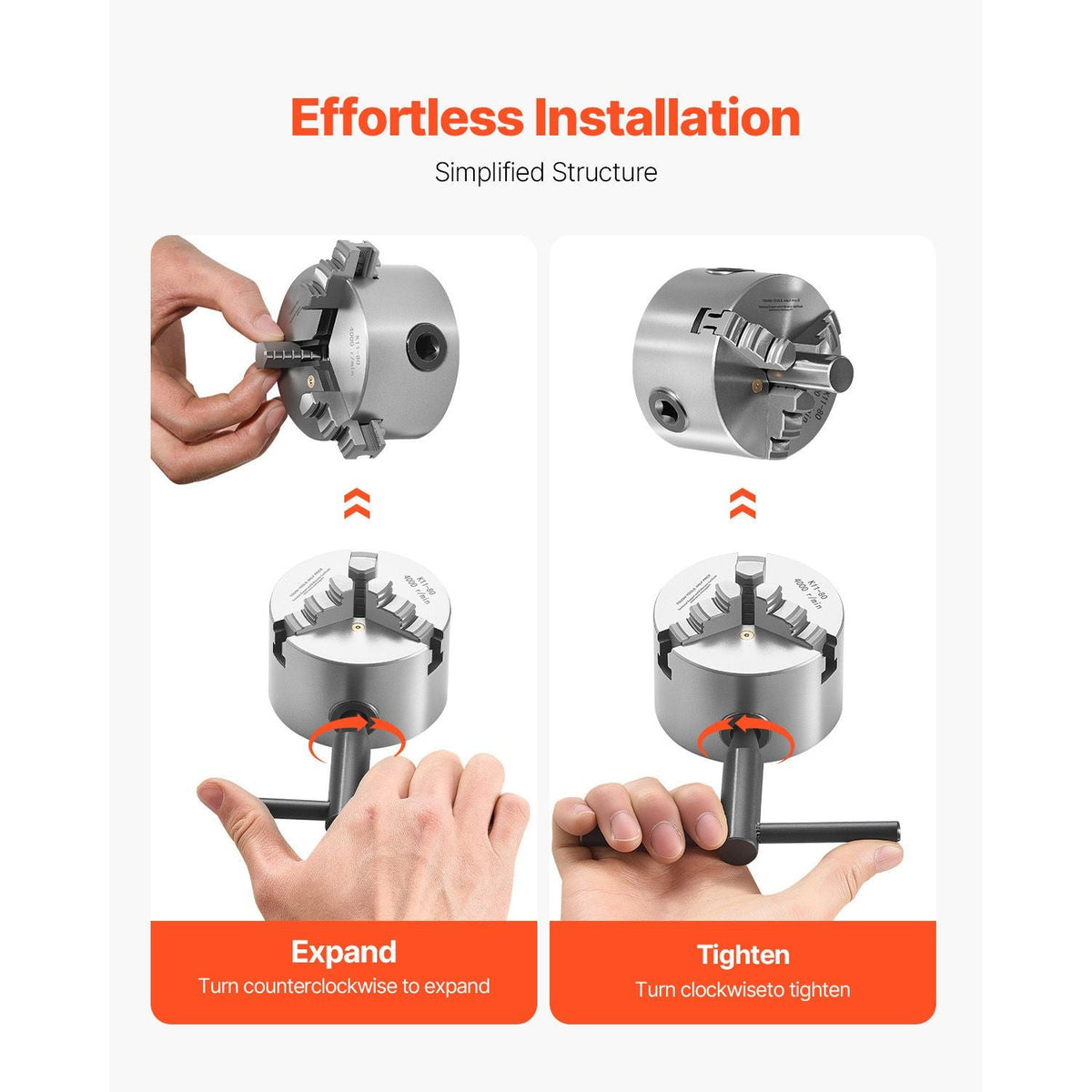 3-Jaw Lathe Chuck, 3 Inch (80 mm), Self-Centering Chuck, 0.08-2.48 in (2-63 mm) Clamping Range with T-key Fixing Screws Reversible Jaws, HT300 Material, Internal External for Wood Metal Lathe