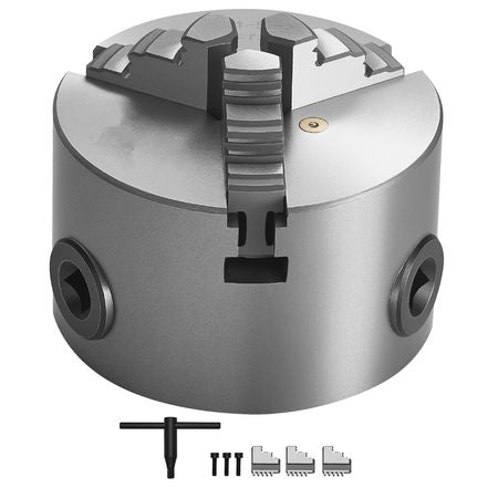 3-Jaw Lathe Chuck, 3 Inch (80 mm), Self-Centering Chuck, 0.08-2.48 in (2-63 mm) Clamping Range with T-key Fixing Screws Reversible Jaws, HT300 Material, Internal External for Wood Metal Lathe