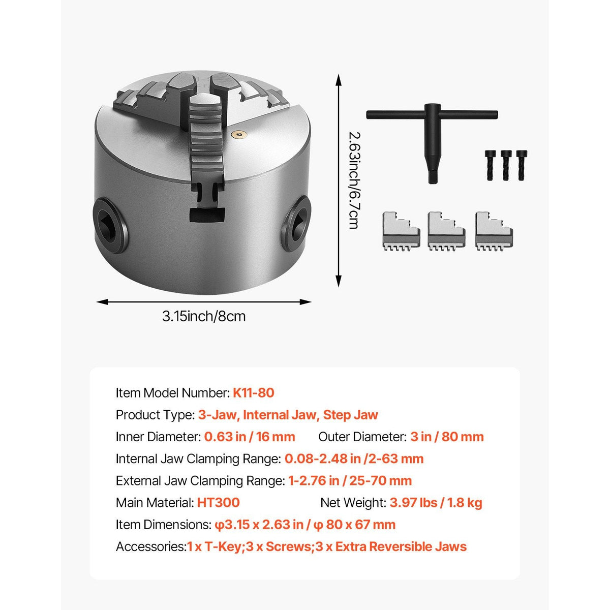 3-Jaw Lathe Chuck, 3 Inch (80 mm), Self-Centering Chuck, 0.08-2.48 in (2-63 mm) Clamping Range with T-key Fixing Screws Reversible Jaws, HT300 Material, Internal External for Wood Metal Lathe