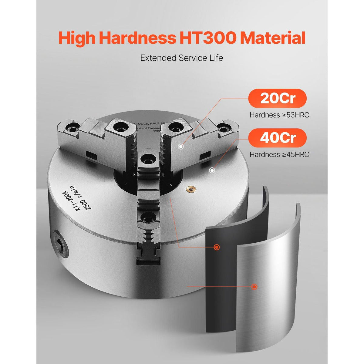 3-Jaw Lathe Chuck, 8 Inch (200 mm), Self-Centering Chuck with 2 1/4 in-8 Threaded Backing Plate, 0.16-7.87 in (4-200 mm) Clamping Range with T-wrench Screws, HT300 Material, for Wood Metal Lathe