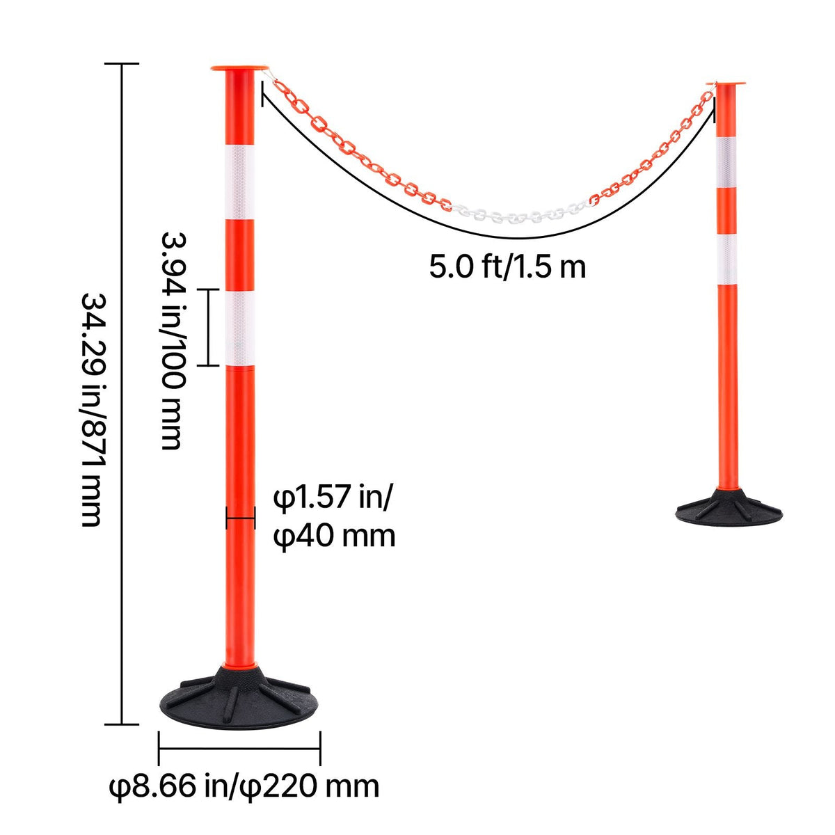 3 Pack Traffic Delineator Posts, 34 in Traffic Safety Cones with Weighted Base, Reflective Strips and Chain, Heavy Duty Delineator Posts for Construction Site, Parking Lot, Crowd Control, Red
