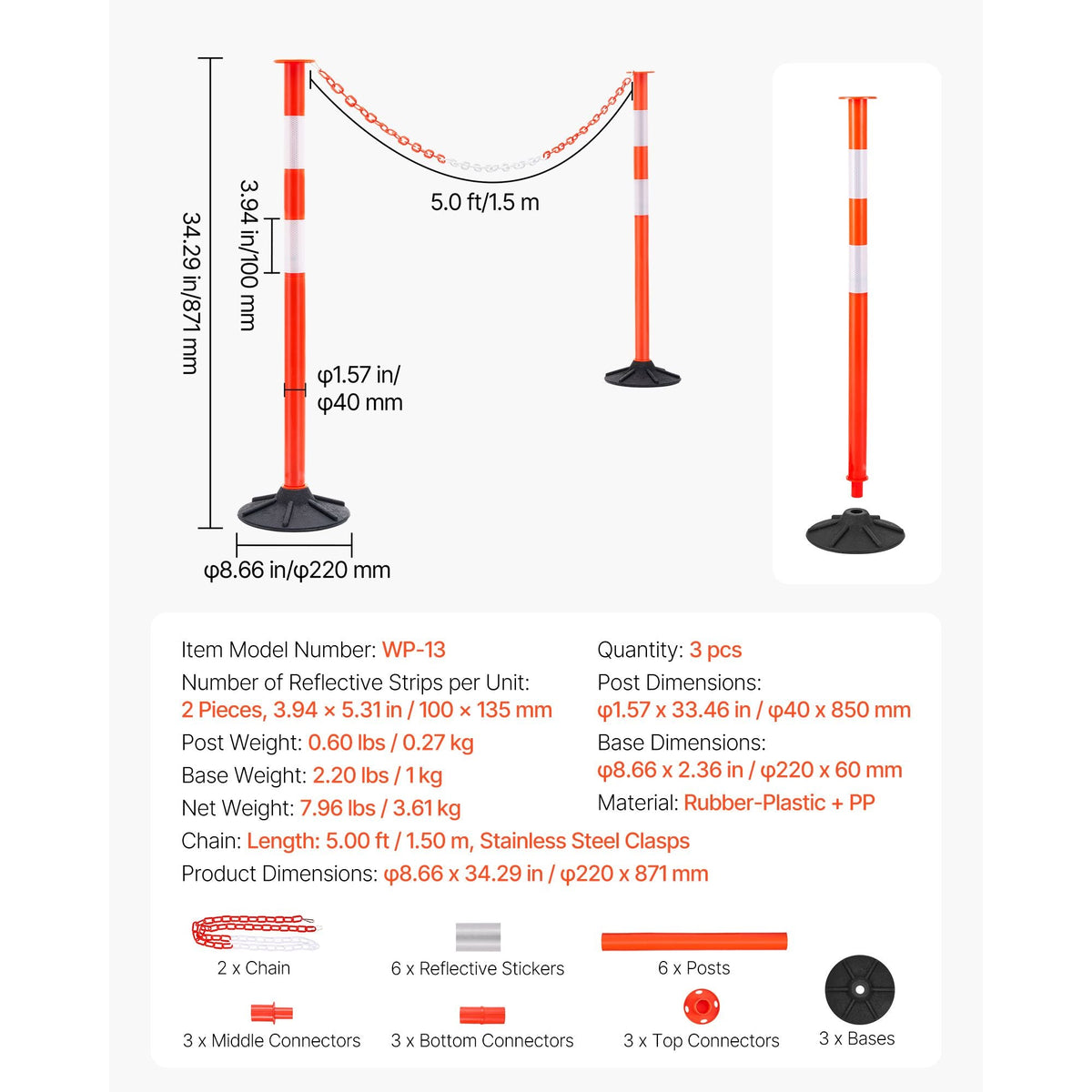 3 Pack Traffic Delineator Posts, 34 in Traffic Safety Cones with Weighted Base, Reflective Strips and Chain, Heavy Duty Delineator Posts for Construction Site, Parking Lot, Crowd Control, Red