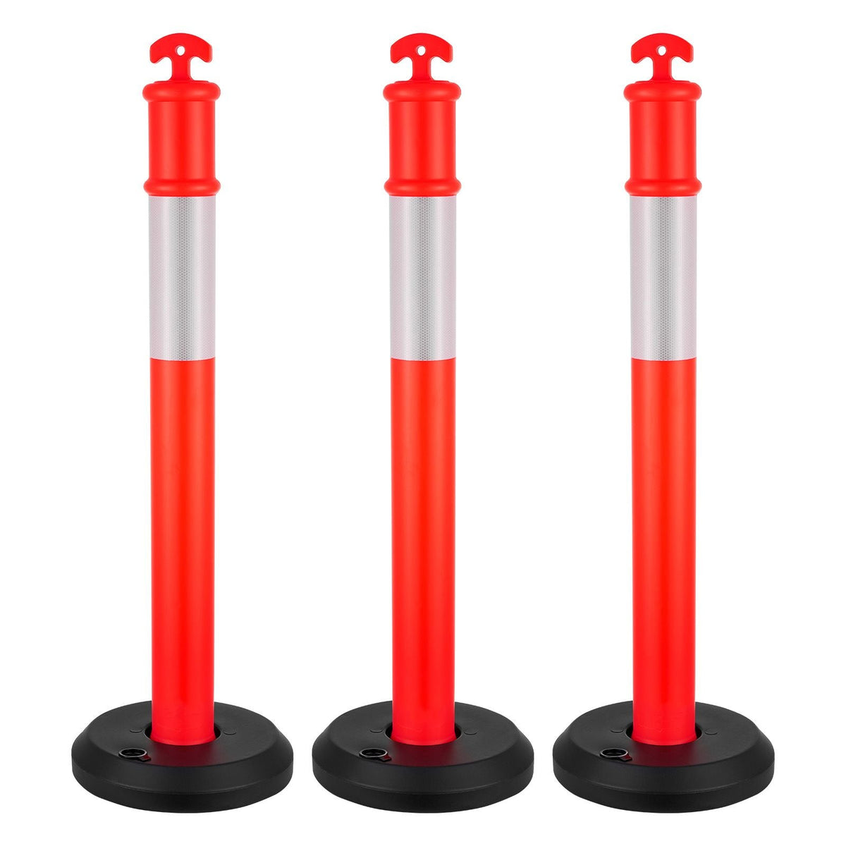 3 Pack Traffic Delineator Posts, 48 inches Traffic Safety Cones with Fillable Base and Reflective Strips, Heavy Duty Delineator Posts for Construction Site, Parking Lot, Crowd Control, Red