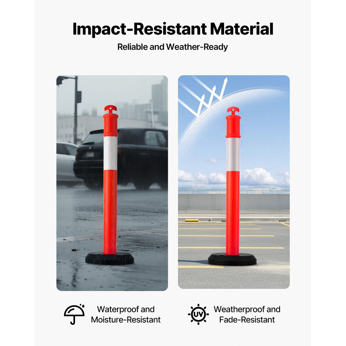 3 Pack Traffic Delineator Posts, 48 inches Traffic Safety Cones with Fillable Base and Reflective Strips, Heavy Duty Delineator Posts for Construction Site, Parking Lot, Crowd Control, Red
