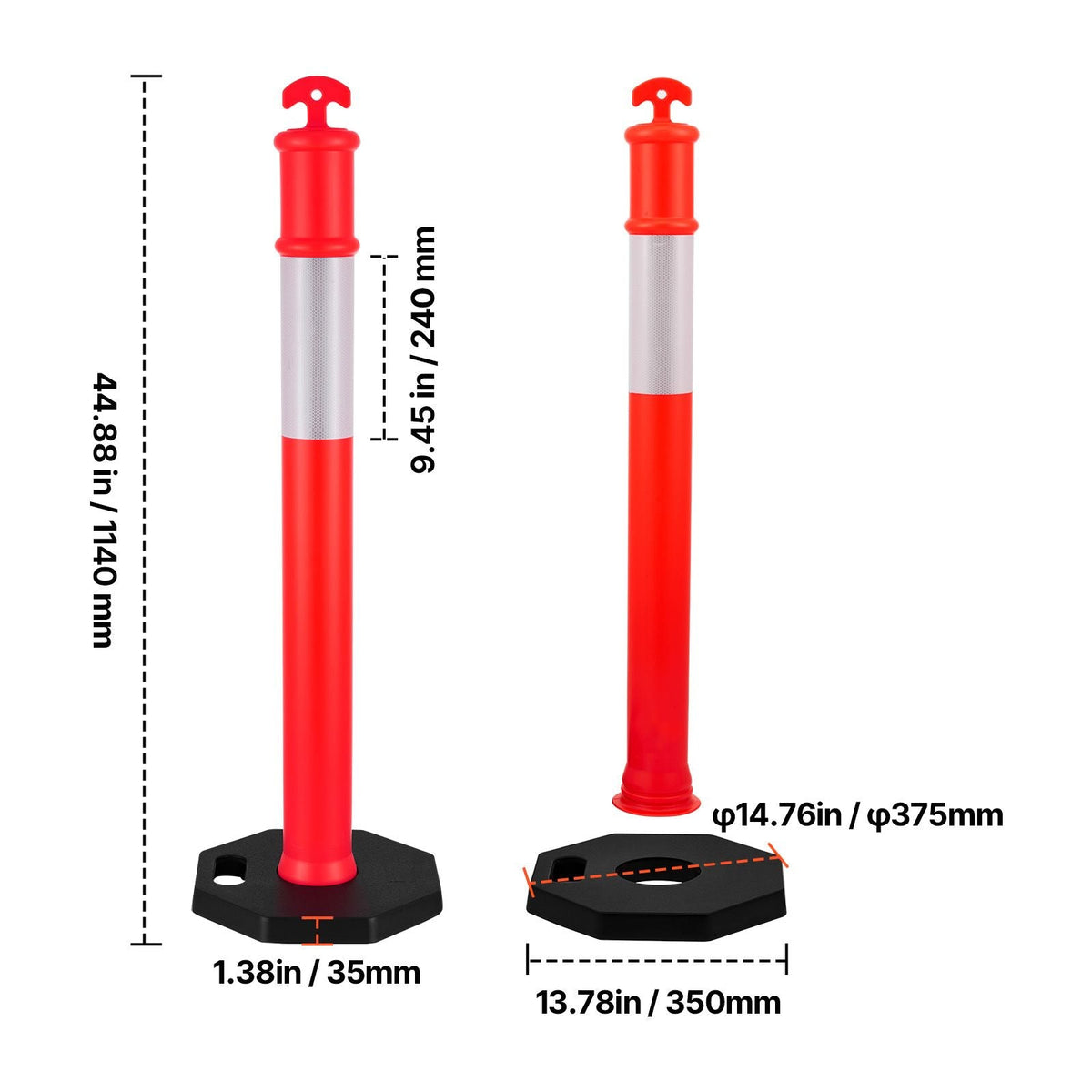 3 Pack Traffic Delineator Posts, 48 inches Traffic Safety Cones with Weighted Base and Reflective Strips, Heavy Duty Delineator Posts for Construction Site, Parking Lot, Crowd Control, Red