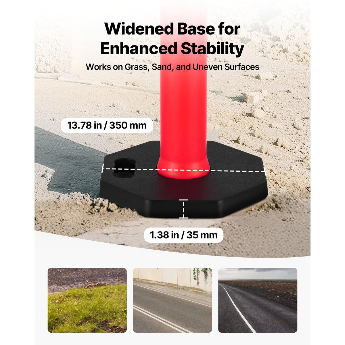 3 Pack Traffic Delineator Posts, 48 inches Traffic Safety Cones with Weighted Base and Reflective Strips, Heavy Duty Delineator Posts for Construction Site, Parking Lot, Crowd Control, Red