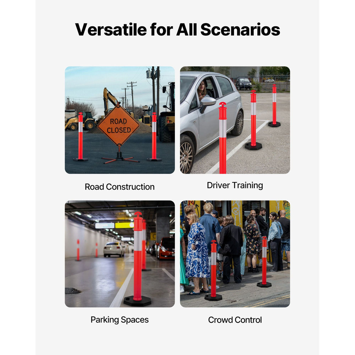 3 Pack Traffic Delineator Posts, 48 inches Traffic Safety Cones with Weighted Base and Reflective Strips, Heavy Duty Delineator Posts for Construction Site, Parking Lot, Crowd Control, Red