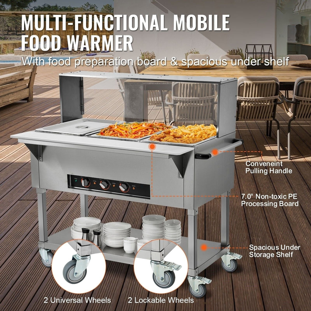 3-Pan Commercial Food Warmer, 3 x 20.6QT Electric Steam Table, 1500W Professional Buffet Catering Food Warmer with Acrylic Sneeze Guard, Food Grade Stainless Steel Server for Party Restaurant