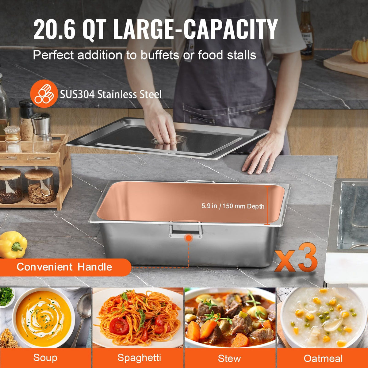3-Pan Commercial Food Warmer, 3 x 20.6QT Electric Steam Table, 1500W Professional Buffet Catering Food Warmer with Acrylic Sneeze Guard, Food Grade Stainless Steel Server for Party Restaurant