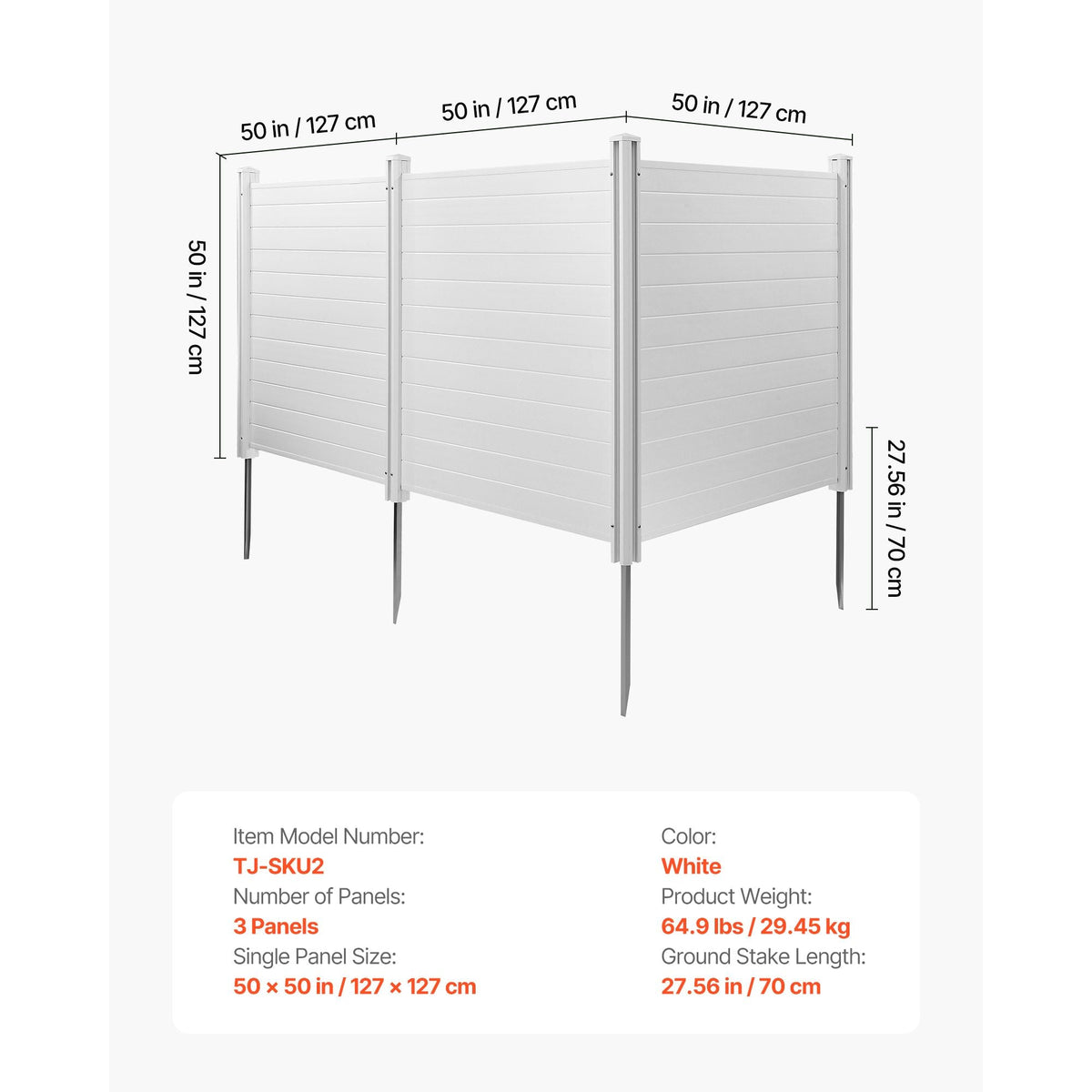 3 Panels Outdoor Privacy Screen, 50 x 50 in Air Conditioner Fence with 27.6 in Ground Stakes, Pool Equipment Enclosure, Horizontal Vinyl Privacy Fence, Ideal for Trash Can and A/C Units, White