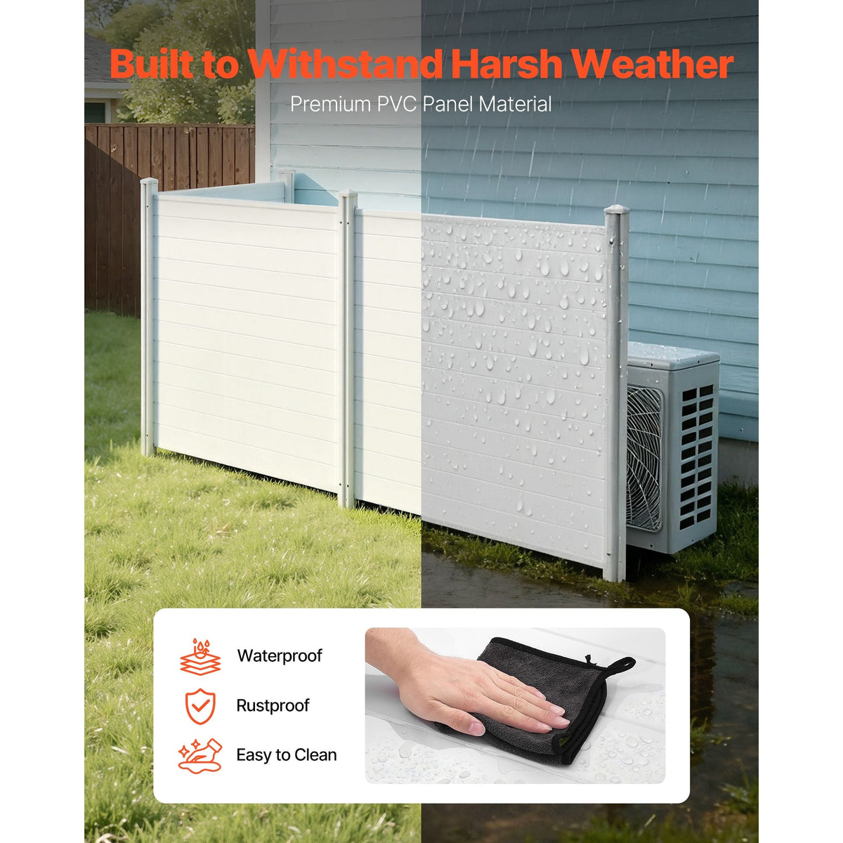3 Panels Outdoor Privacy Screen, 50 x 50 in Air Conditioner Fence with 27.6 in Ground Stakes, Pool Equipment Enclosure, Horizontal Vinyl Privacy Fence, Ideal for Trash Can and A/C Units, White
