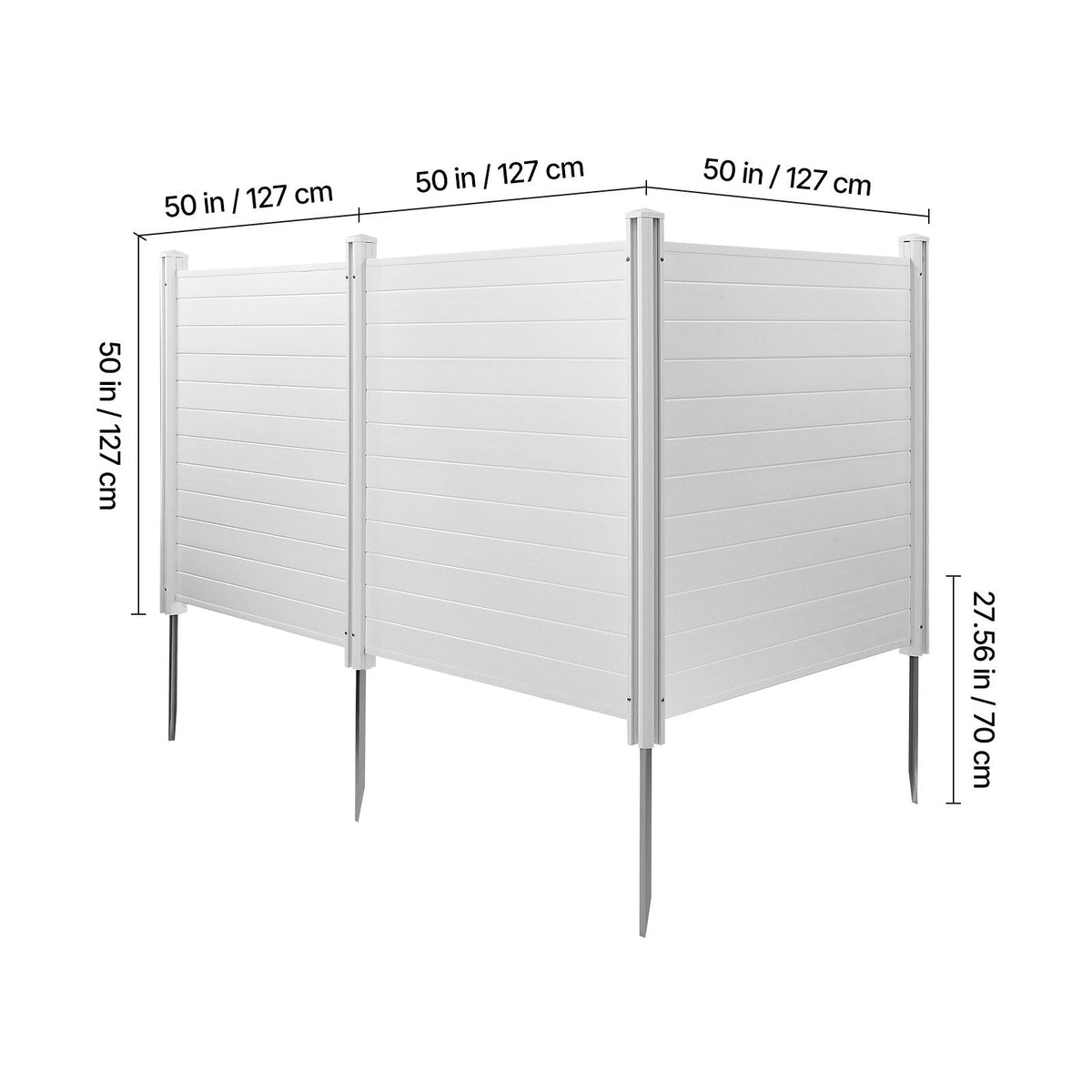 3 Panels Outdoor Privacy Screen, 50 x 50 in Air Conditioner Fence with 27.6 in Ground Stakes, Pool Equipment Enclosure, Horizontal Vinyl Privacy Fence, Ideal for Trash Can and A/C Units, White