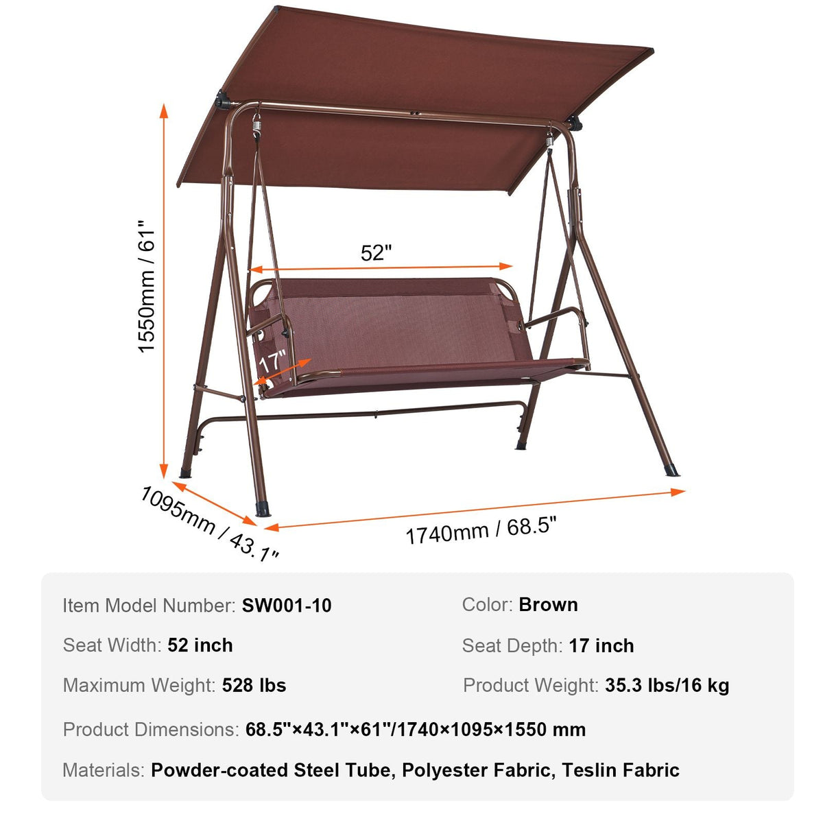 3-Person Patio Swing Chair, Outdoor Patio Swing with Adjustable Canopy, Porch Swing with Armrests, Teslin Fabric and Alloy Steel Frame, for Balcony, Backyard, Patio, Garden, Poolside, Brown