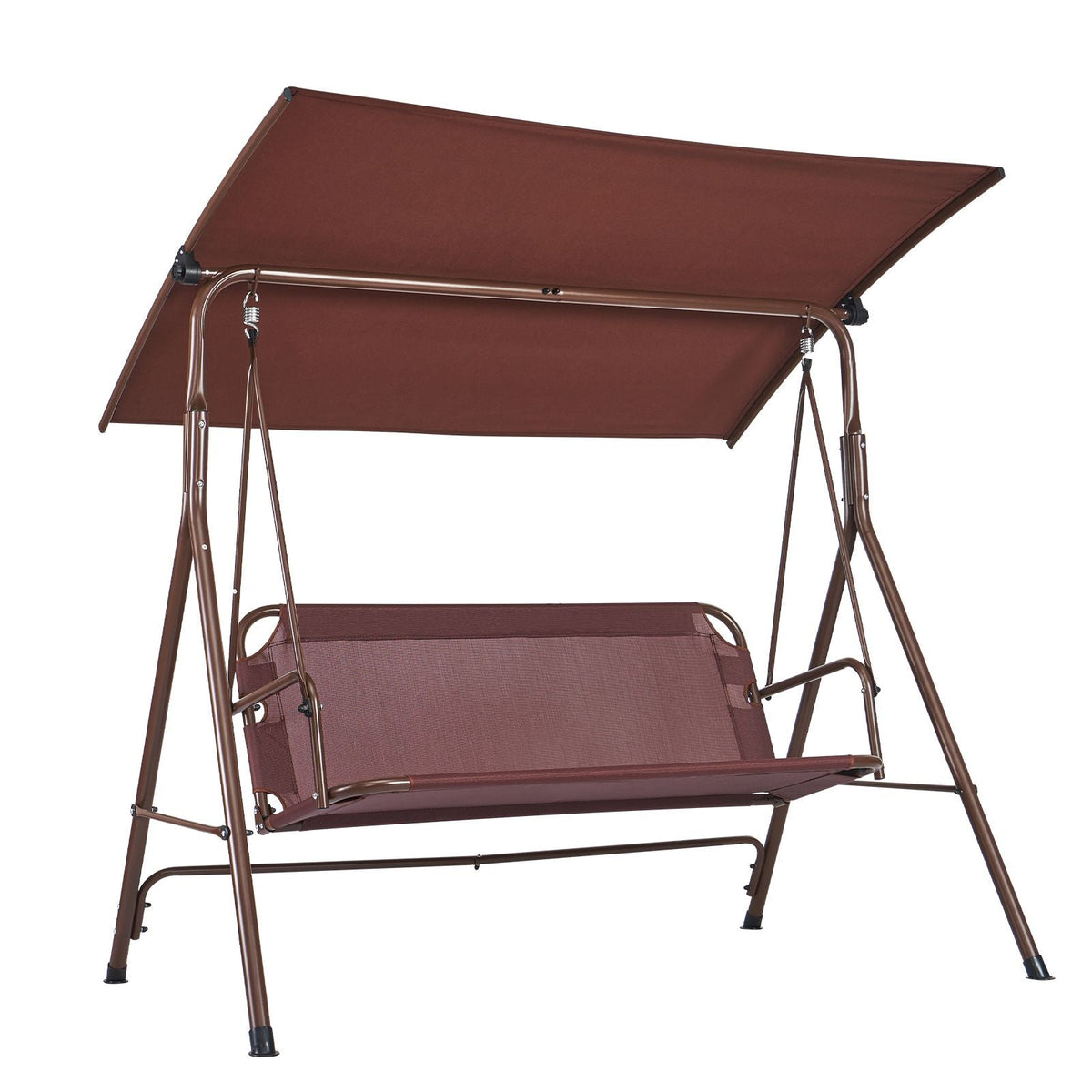 3-Person Patio Swing Chair, Outdoor Patio Swing with Adjustable Canopy, Porch Swing with Armrests, Teslin Fabric and Alloy Steel Frame, for Balcony, Backyard, Patio, Garden, Poolside, Brown
