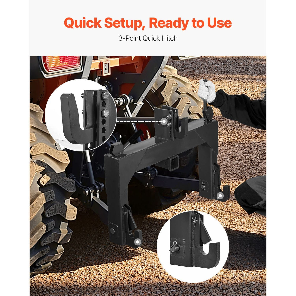 3-Point Quick Hitch with 2 in Receiver, 3000 Lbs Lift Capacity, 3-Pt Hitch with 5 Level Adjustable Bolt, Adaptation to Category 1 & 2 Tractor, Heavy Duty 3 Point Attachments, Black