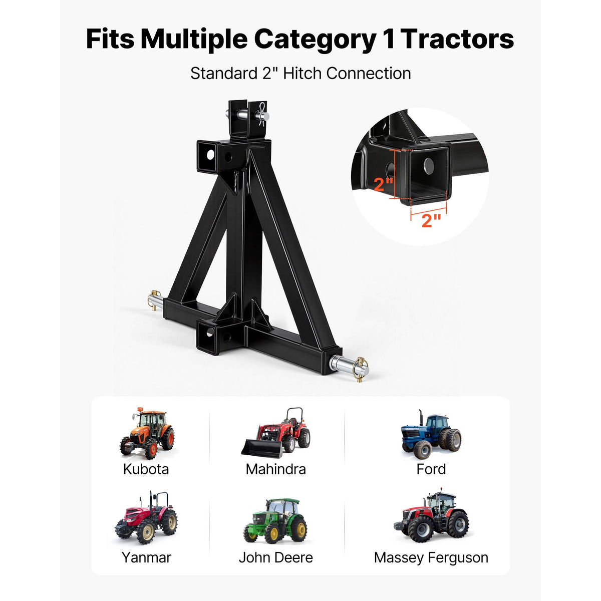 3 Point Trailer Hitch with 2" Receiver, 3 Pt Quick Hitch Attachment, Tractor Tow Drawbar Adapter, Compatible with Category 1, Kubota, Mahindra, Ford, Yanmar, John Deere, Massey Ferguson, Tractor