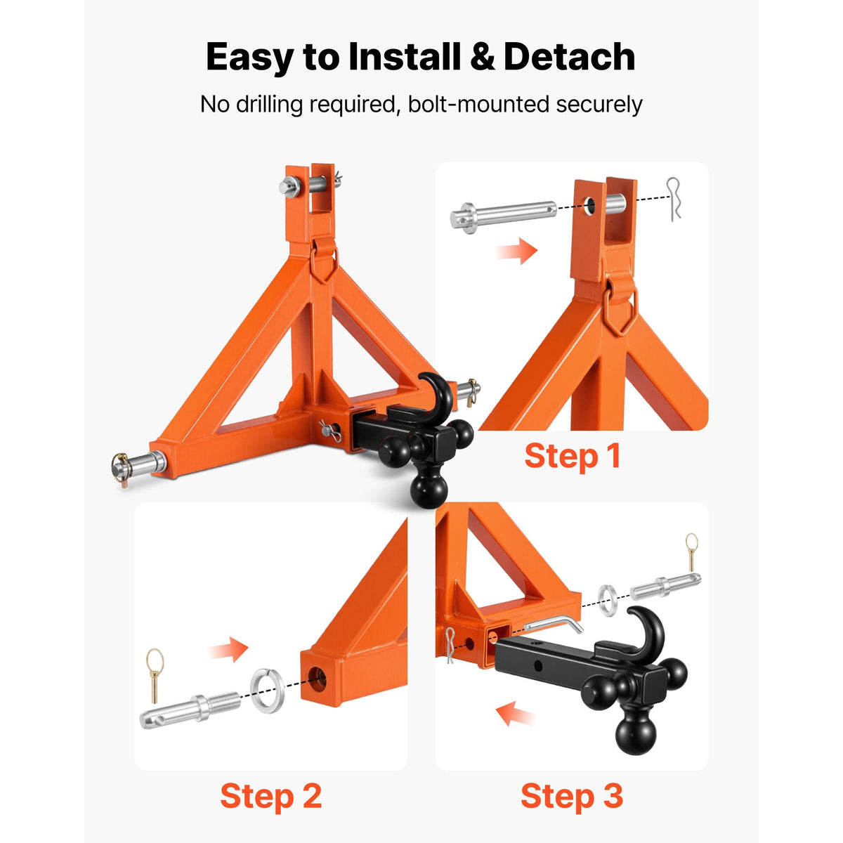 3 Point Trailer Hitch with 2" Receiver, 3 Pt Quick Hitch Attachment with 3 Trailer Balls, Tractor Tow Drawbar Adapter for Category 1, Kubota, Mahindra, Ford, Yanmar, John Deere, Massey Ferguson